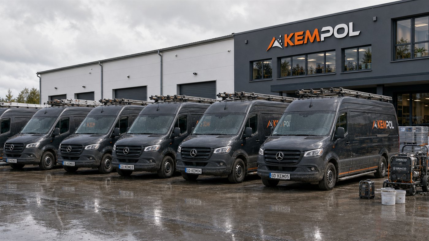 Flota Mercedes Sprinter Kempol przed siedzibą firmy